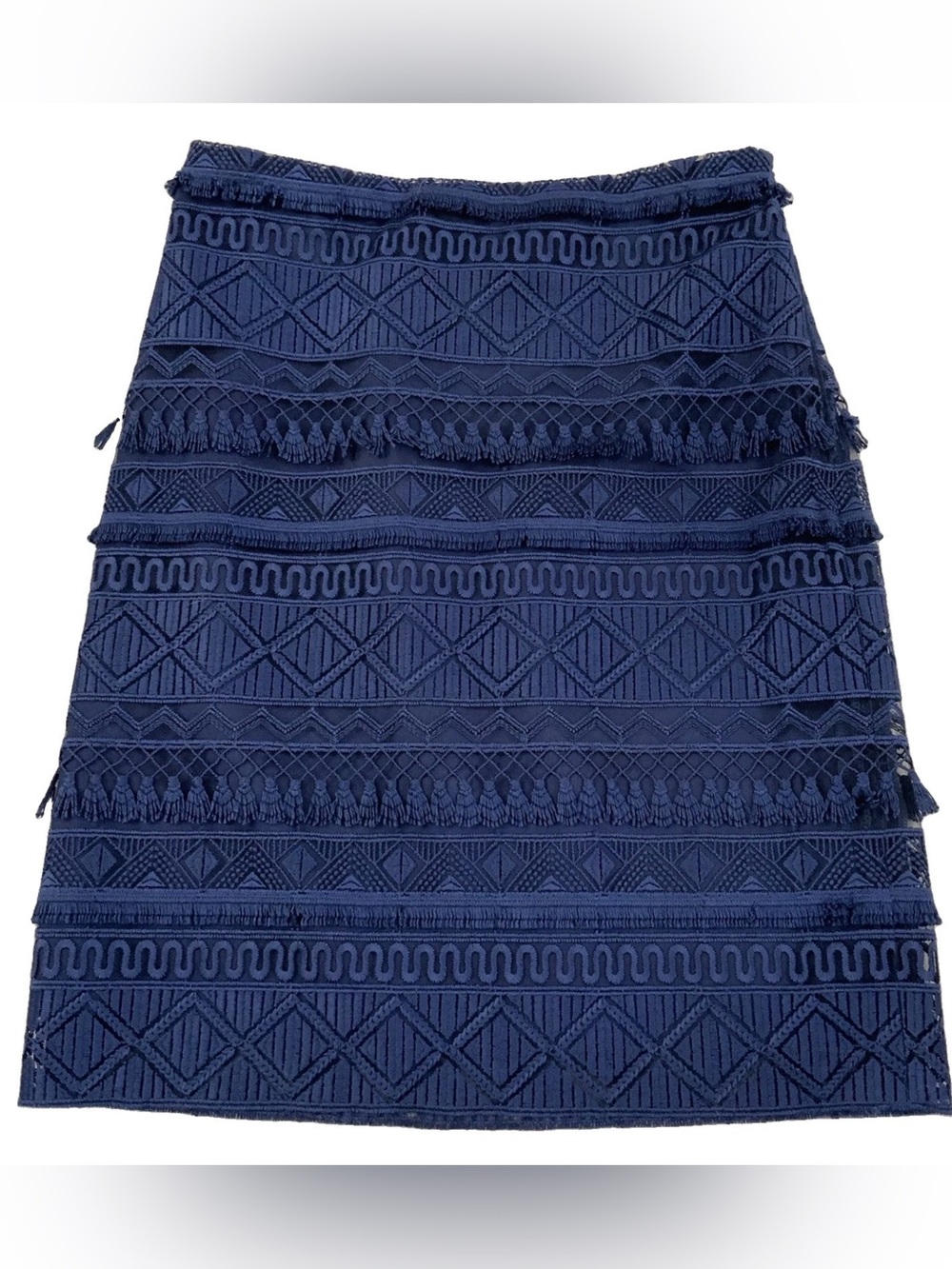 J. McLaughlin Skirt Navy Blue Embroidered Lace Tassel Fringe Old Money Sz 0 New